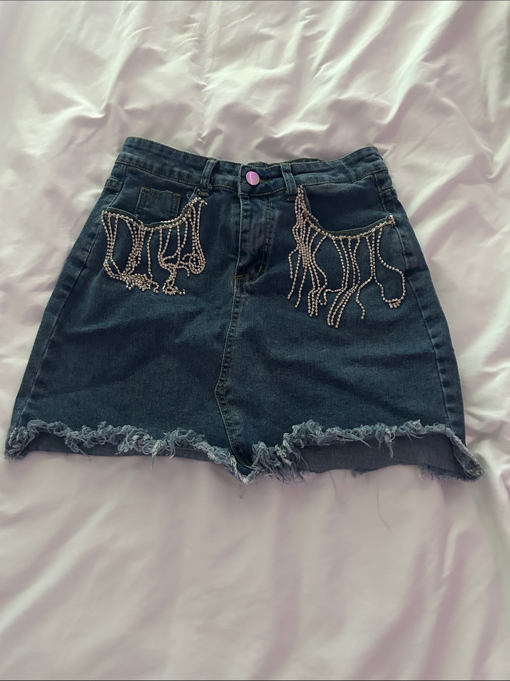 Amazon Dark Blue Denim Mini Skirt with Beaded Pocket Fringe